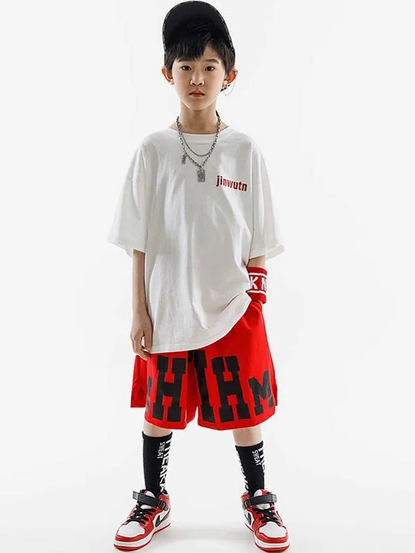 Hip Hop Dance Costumes Kid's Red+White Unisex Pants Top Set Hip Hop Cotton Street Dancing Costume